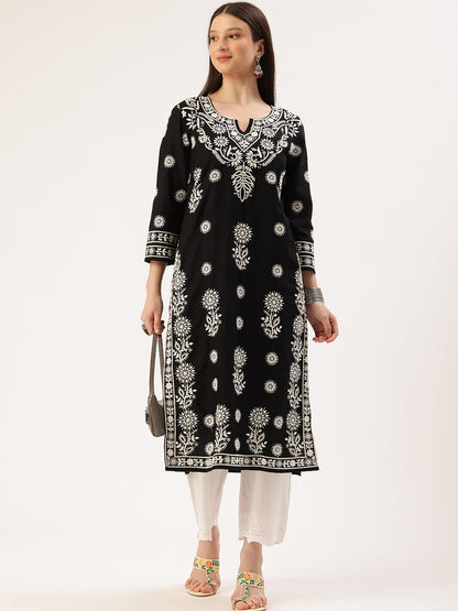 Black Floral Embroidered Thread Work Kurta