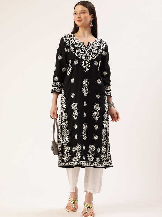 Black Floral Embroidered Thread Work Kurta