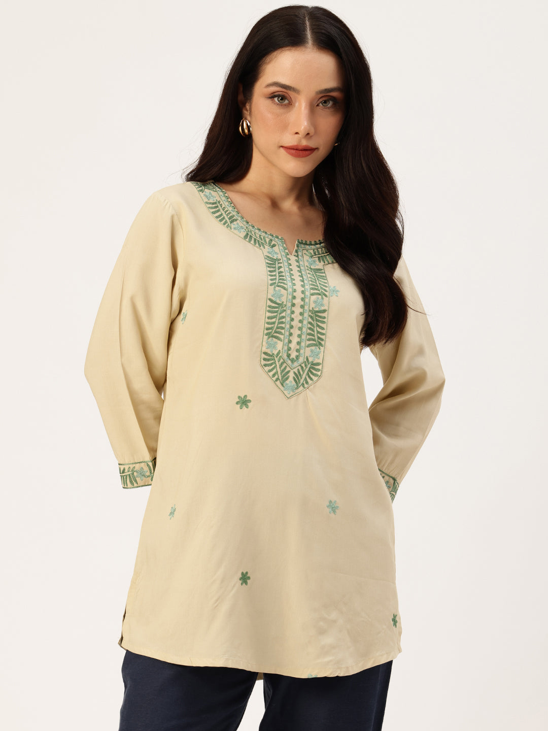 Green Viscose Rayon Embroidered Tunic
