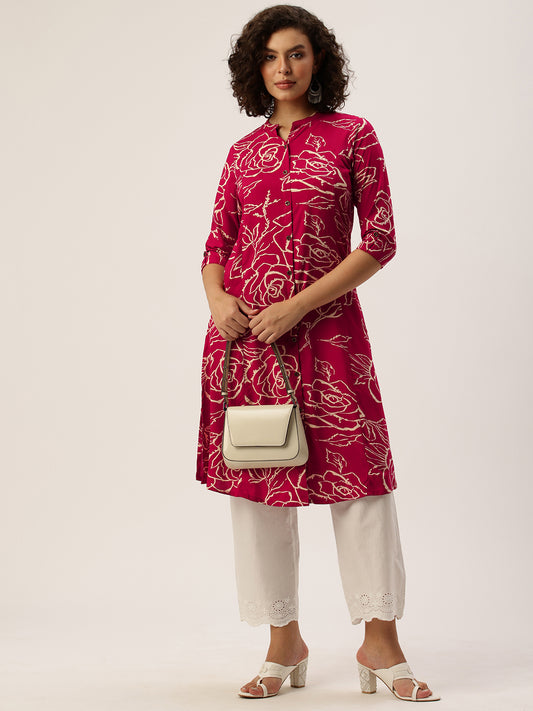 Red Floral Printed Mandarin Collar Kurta