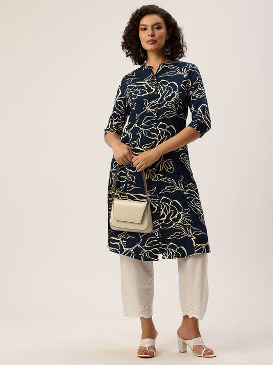 Blue Floral Printed Mandarin Collar Kurta