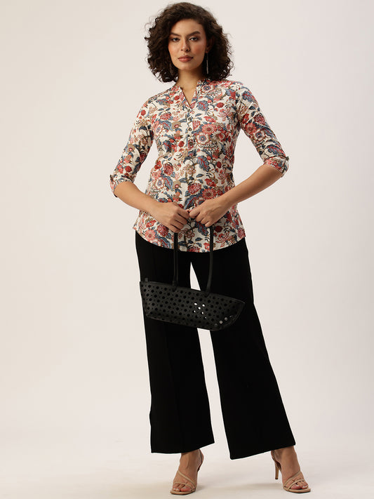 Beige Floral Print Mandarin Collar Tunic