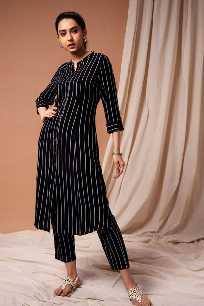 Black & White Striped A-Line Kurta