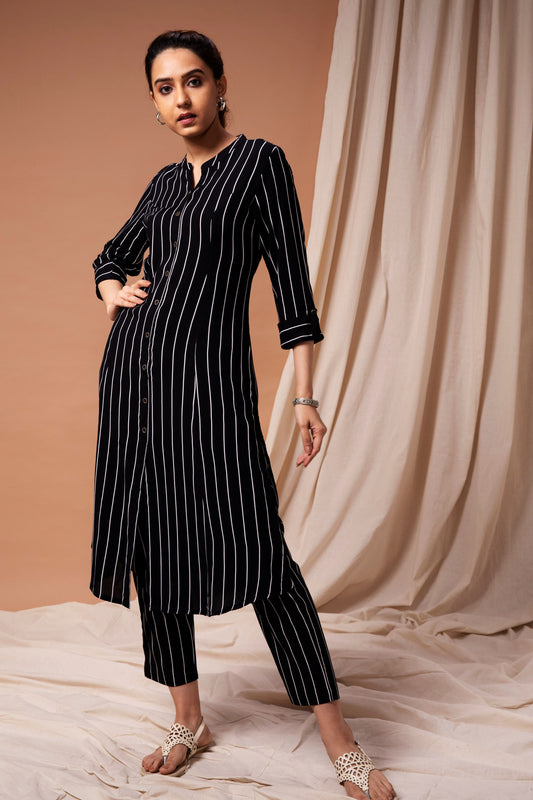Black & White Striped A-Line Kurta