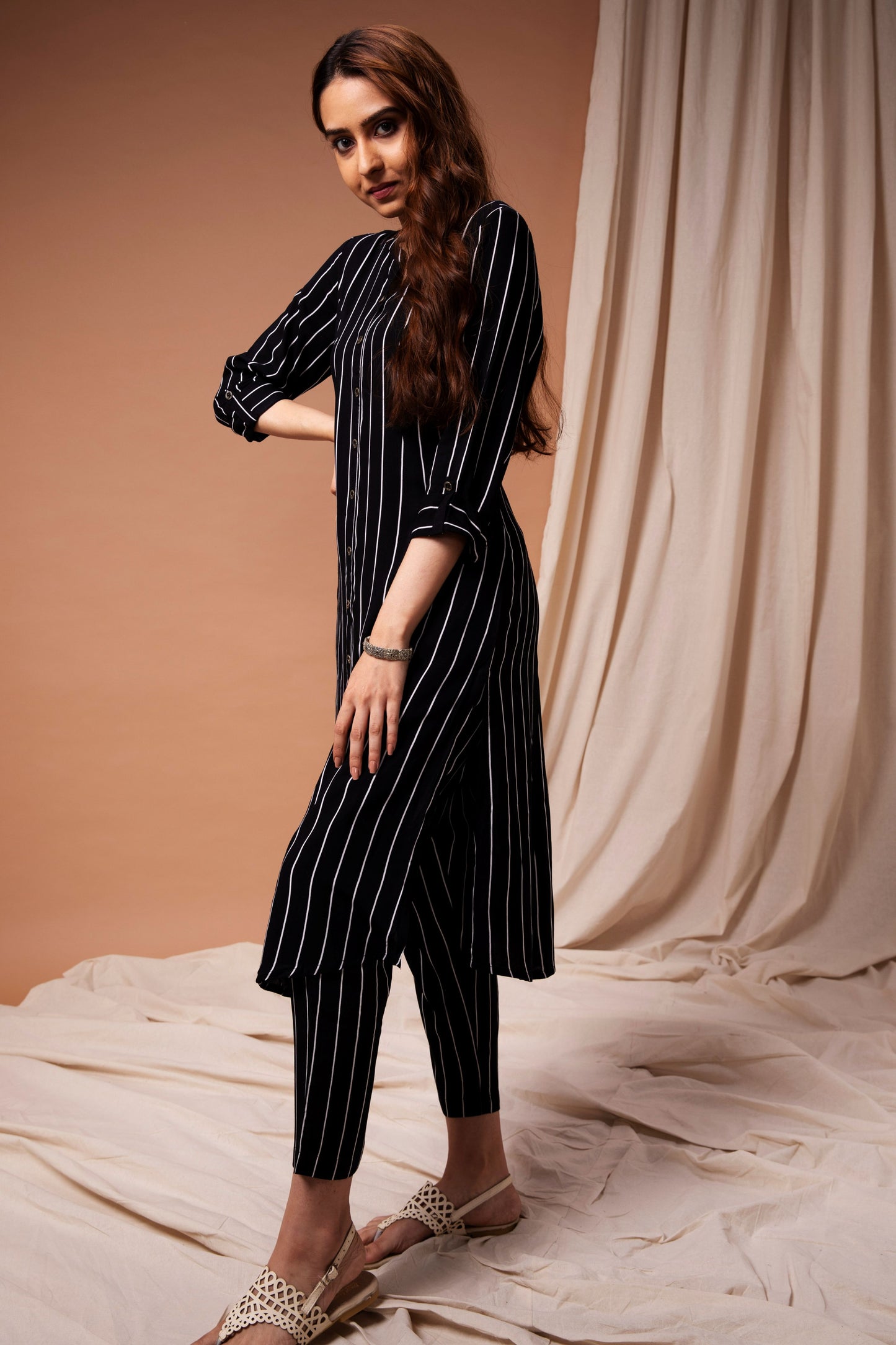 Black & White Striped A-Line Kurta