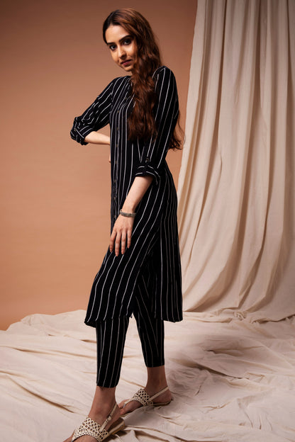 Black & White Striped A-Line Kurta