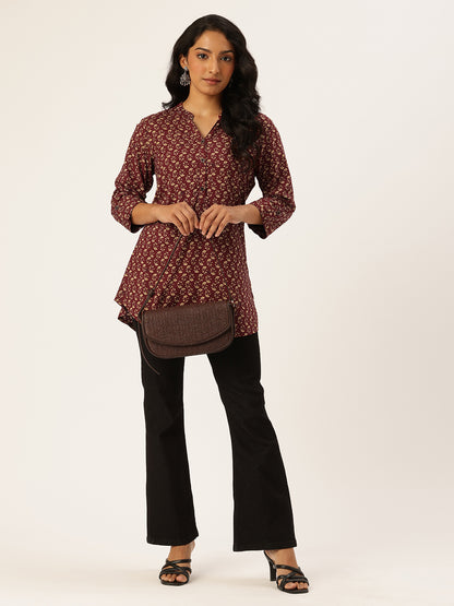 Maroon Floral Printed Mandarin Collar Tunic