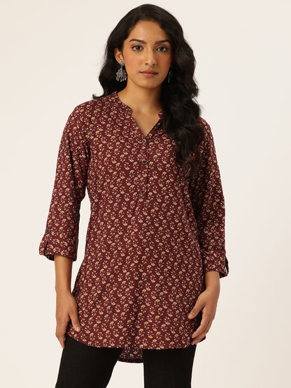 Maroon Floral Printed Mandarin Collar Tunic
