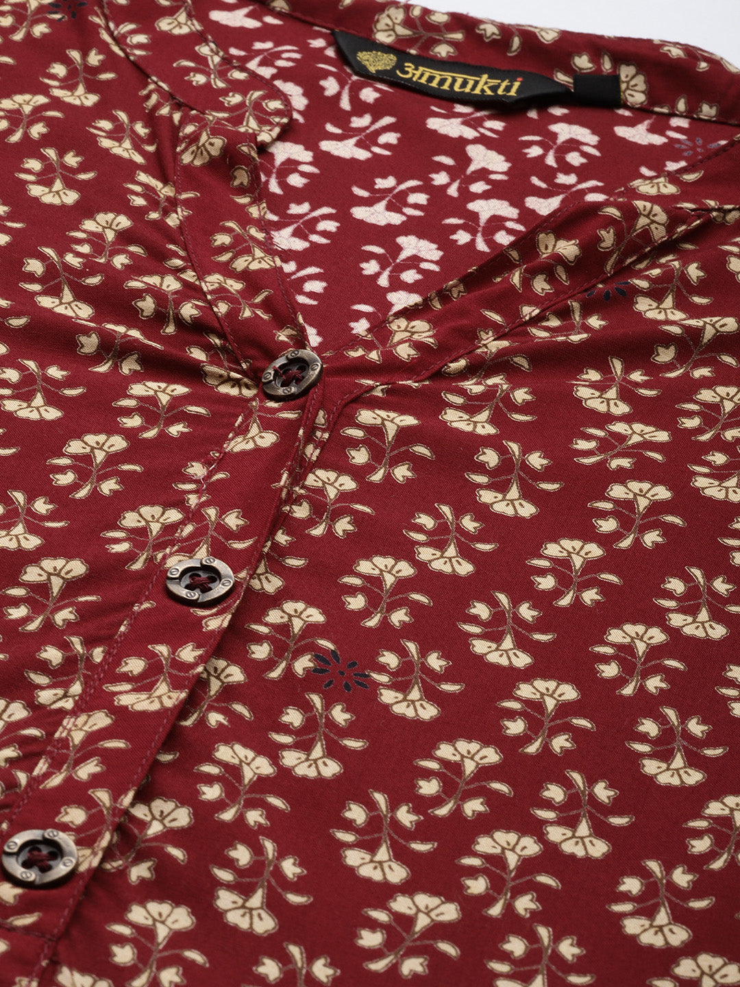 Maroon Floral Printed Mandarin Collar Tunic