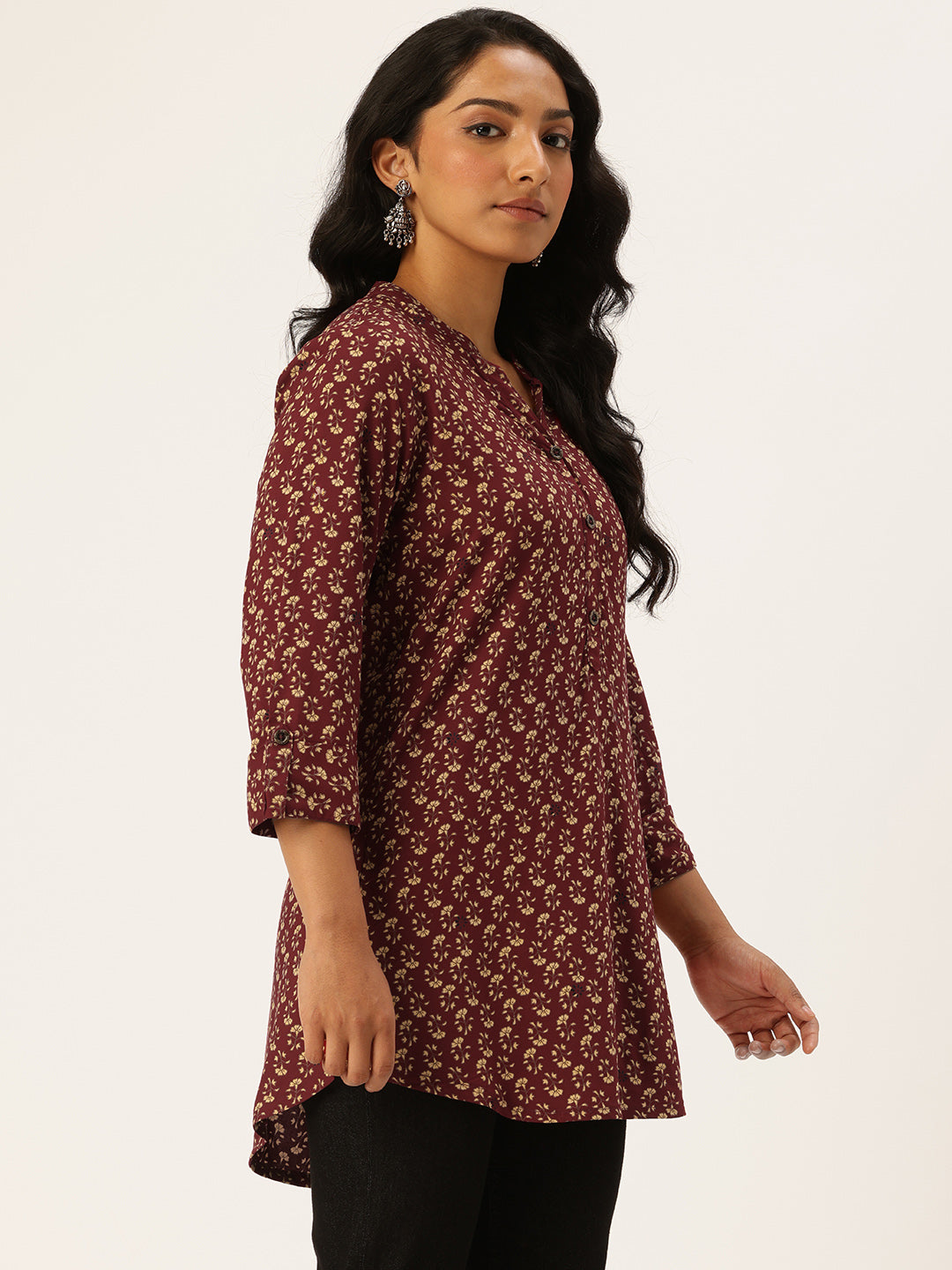 Maroon Floral Printed Mandarin Collar Tunic