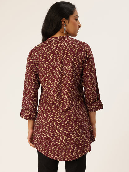 Maroon Floral Printed Mandarin Collar Tunic