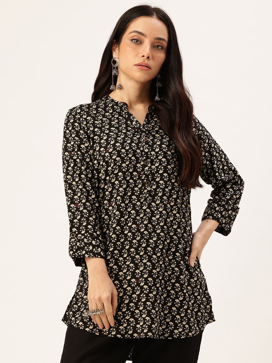 Black Floral Printed Mandarin Collar Tunic