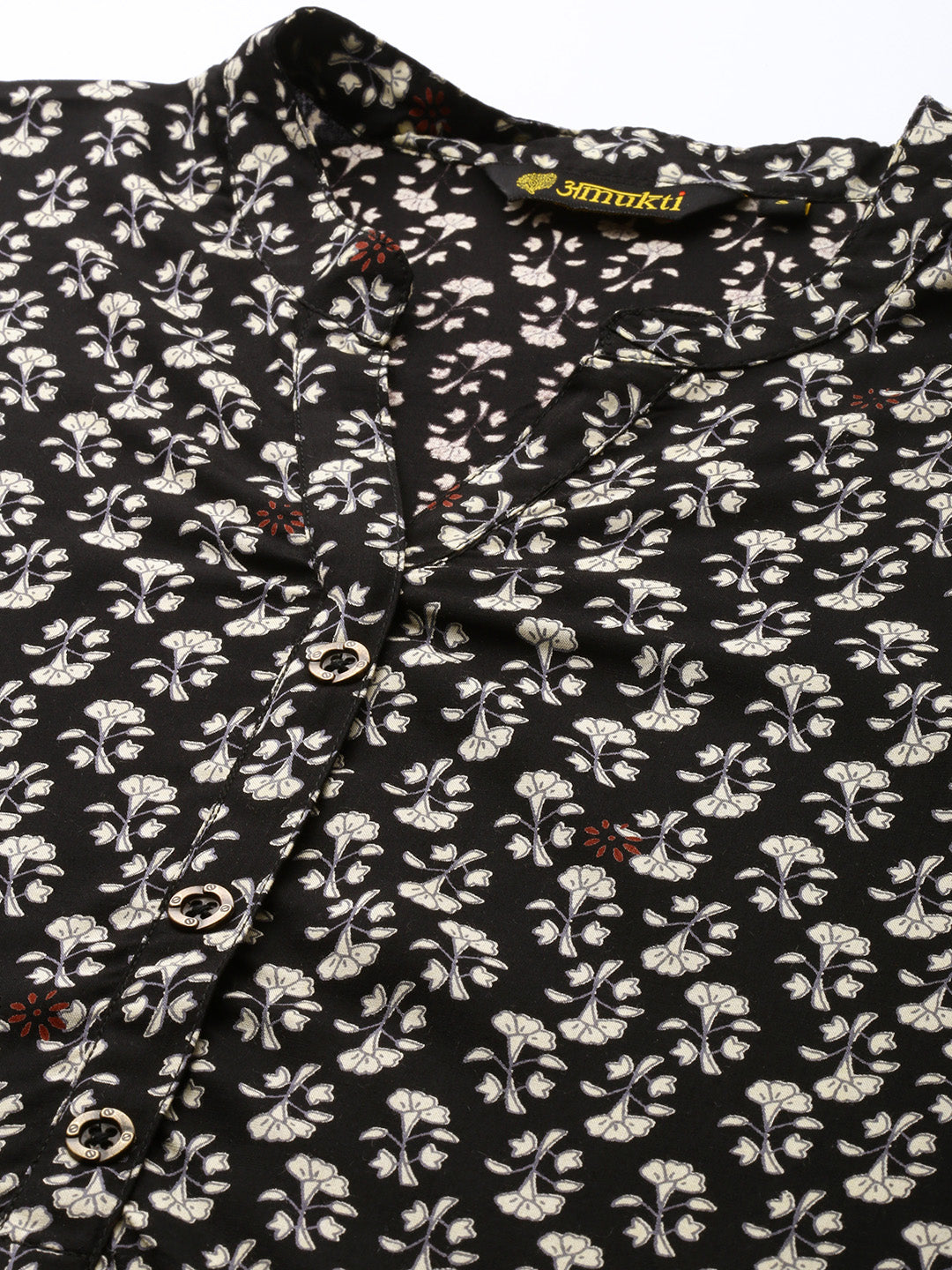 Black Floral Printed Mandarin Collar Tunic