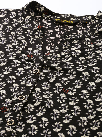 Black Floral Printed Mandarin Collar Tunic