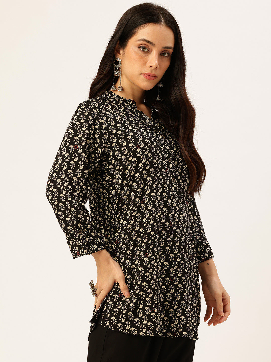 Black Floral Printed Mandarin Collar Tunic
