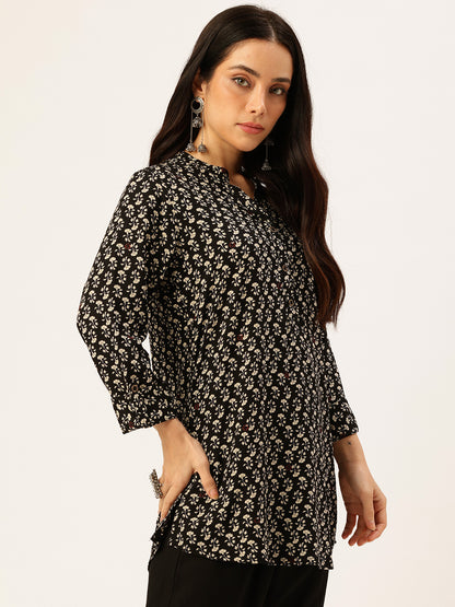 Black Floral Printed Mandarin Collar Tunic