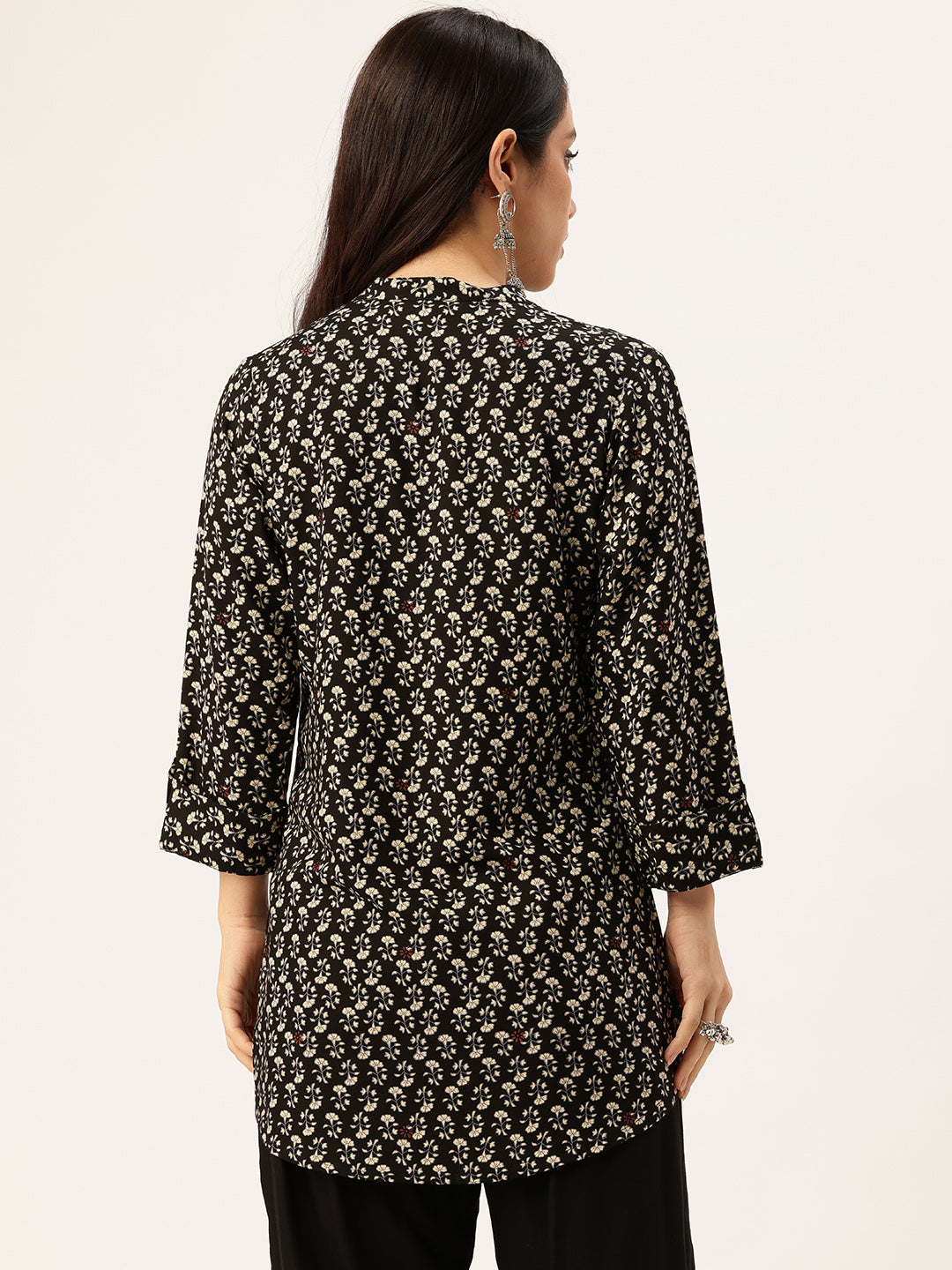 Black Floral Printed Mandarin Collar Tunic