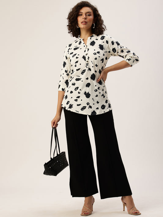White Printed Mandarin Collar Tunic
