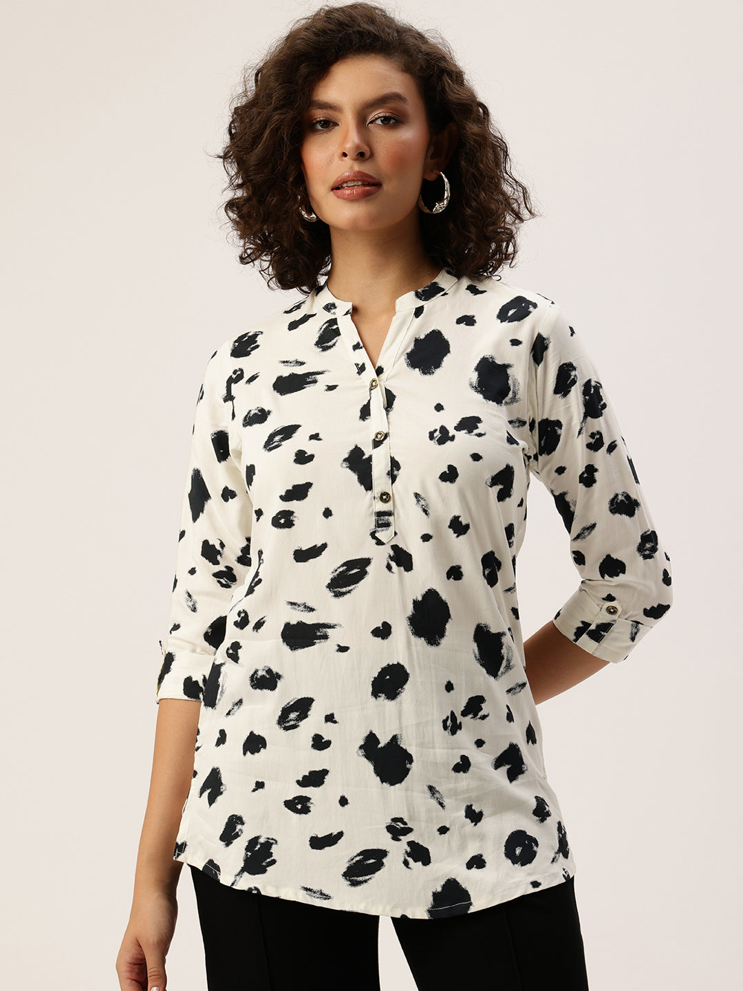 White Printed Mandarin Collar Tunic