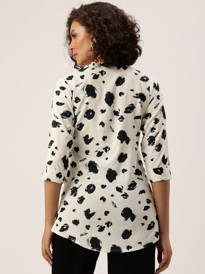 White Printed Mandarin Collar Tunic