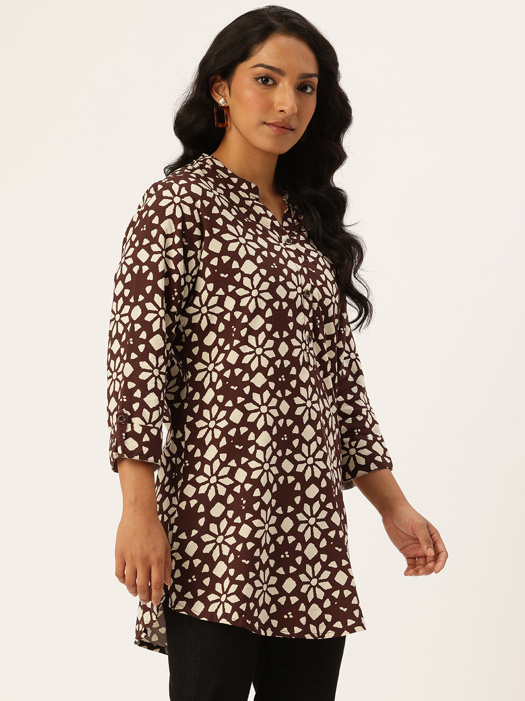 Marcella Floral Printed Mandarin Collar Tunic, Floral Printed Tunic, printed tunic, mandarin collar Tunic, casual wear Tunic, women’s tunic, Office Wear Tunic