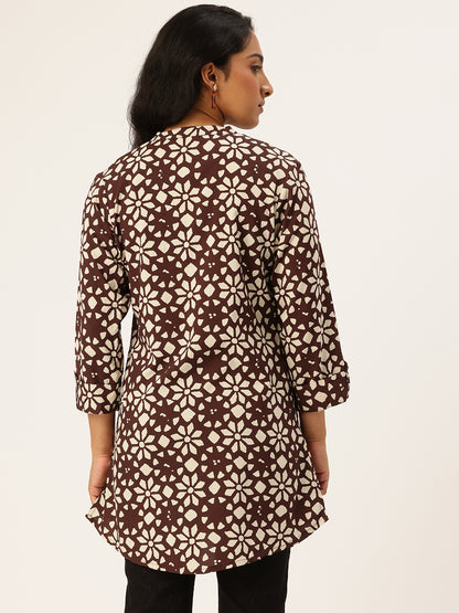 Marcella Floral Printed Mandarin Collar Tunic, Floral Printed Tunic, printed tunic, mandarin collar Tunic, casual wear Tunic, women’s tunic, Office Wear Tunic