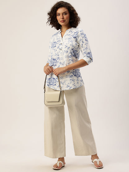 Blue Printed Mandarin Collar Tunic