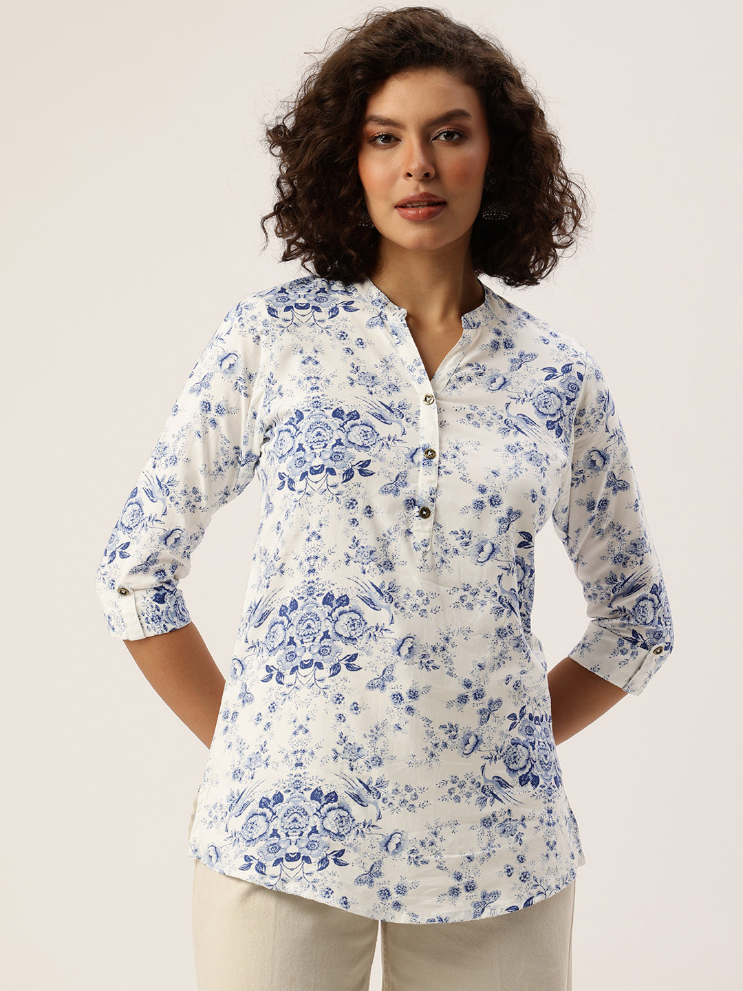 Blue Printed Mandarin Collar Tunic
