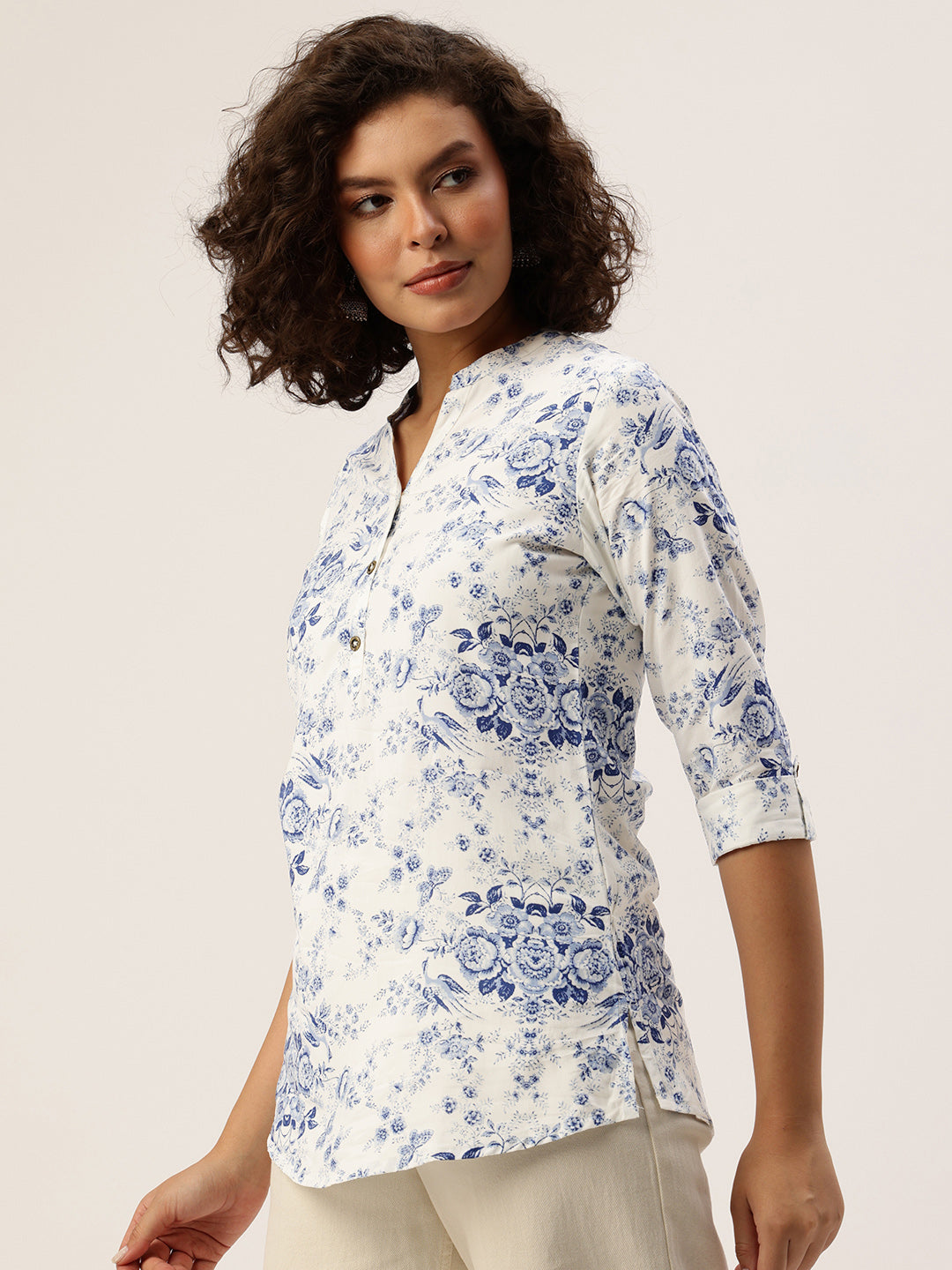 Blue Printed Mandarin Collar Tunic