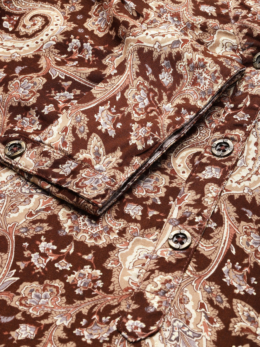 Brown Paisley Printed Mandarin Collar Tunic
