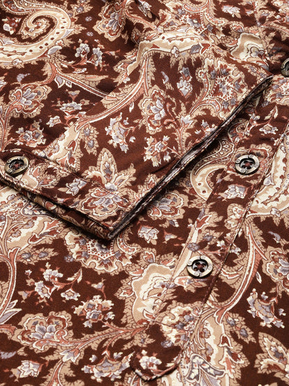 Brown Paisley Printed Mandarin Collar Tunic