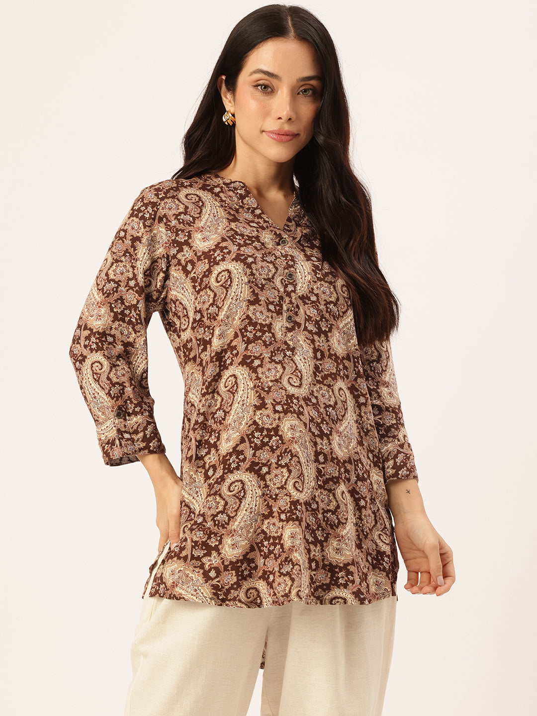 Brown Paisley Printed Mandarin Collar Tunic