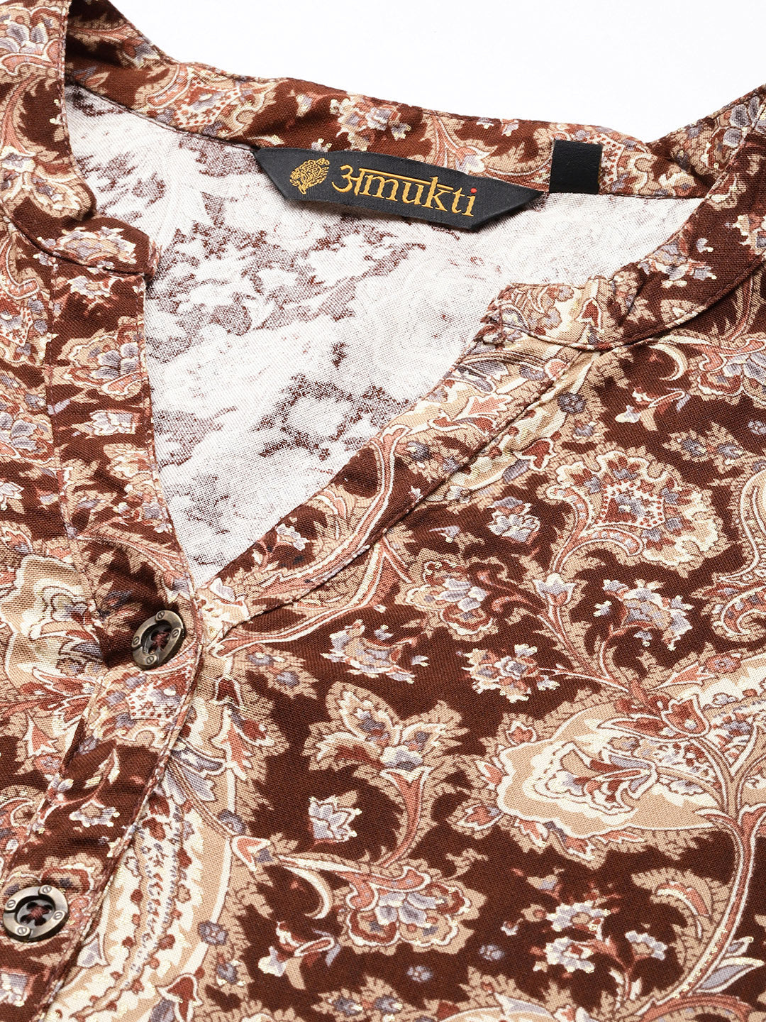 Brown Paisley Printed Mandarin Collar Tunic