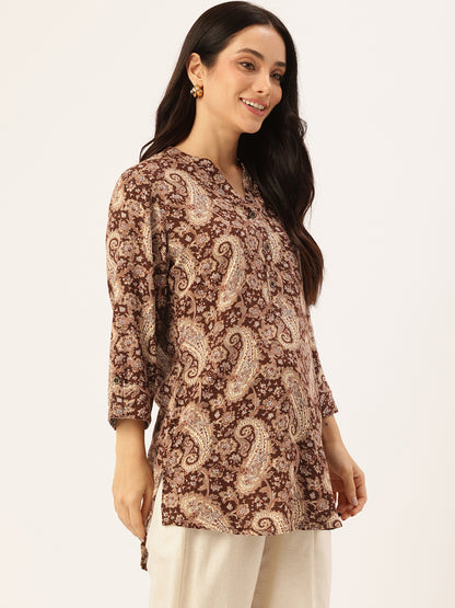 Brown Paisley Printed Mandarin Collar Tunic