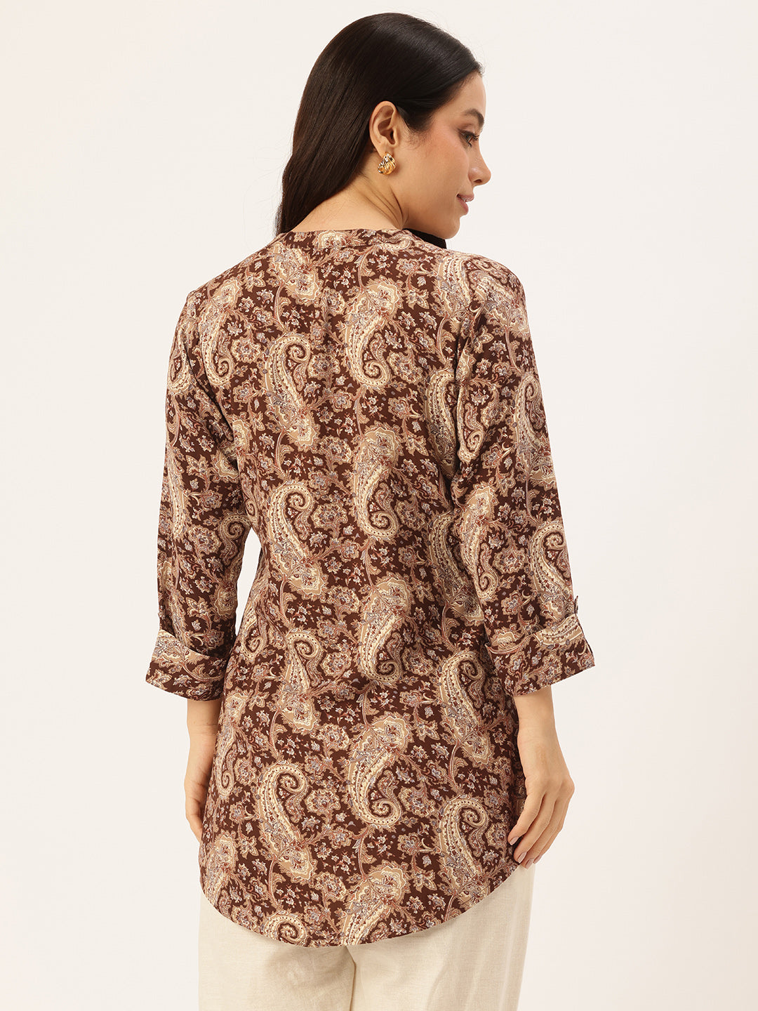 Brown Paisley Printed Mandarin Collar Tunic