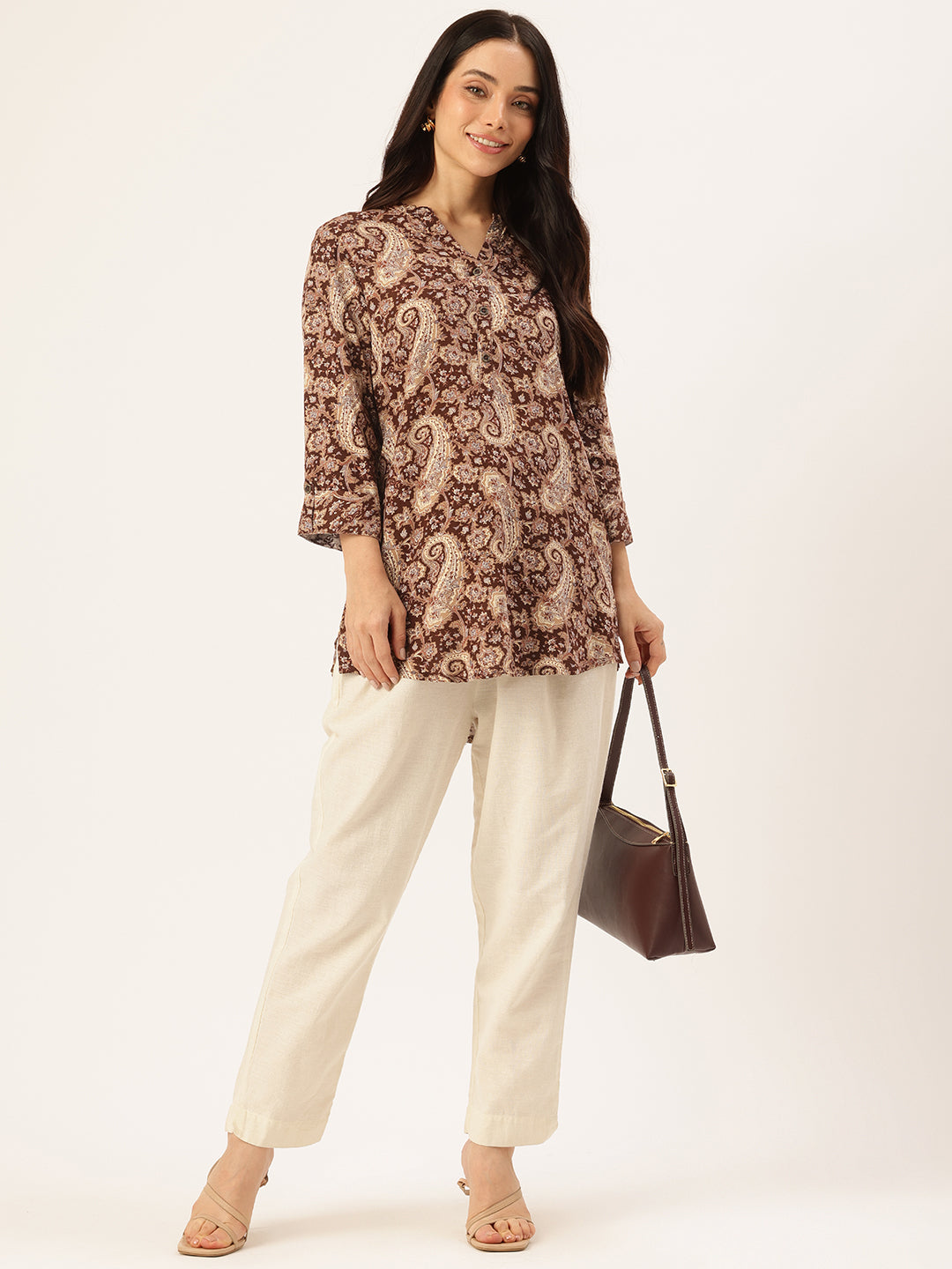 Brown Paisley Printed Mandarin Collar Tunic