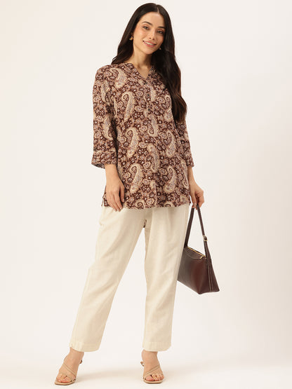 Brown Paisley Printed Mandarin Collar Tunic