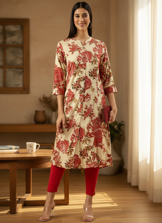 Beige Floral Printed Kurta, Princess Cur Kurta, A-Line Kurta, Floral Print, Mandarin Collar kurta, printed kurta
