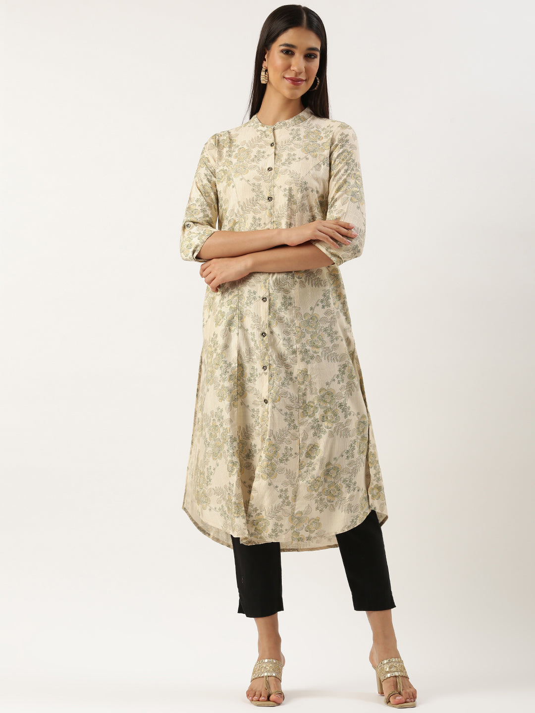 Beige & Green Floral Printed Kurta