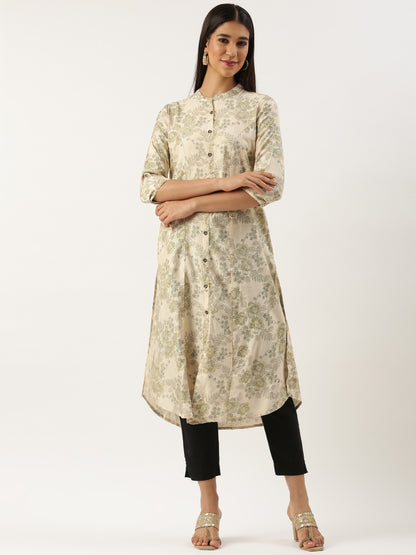 Beige & Green Floral Printed Kurta