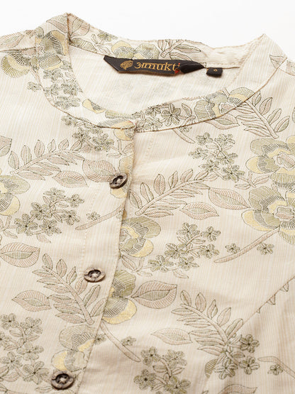 Beige & Green Floral Printed Kurta