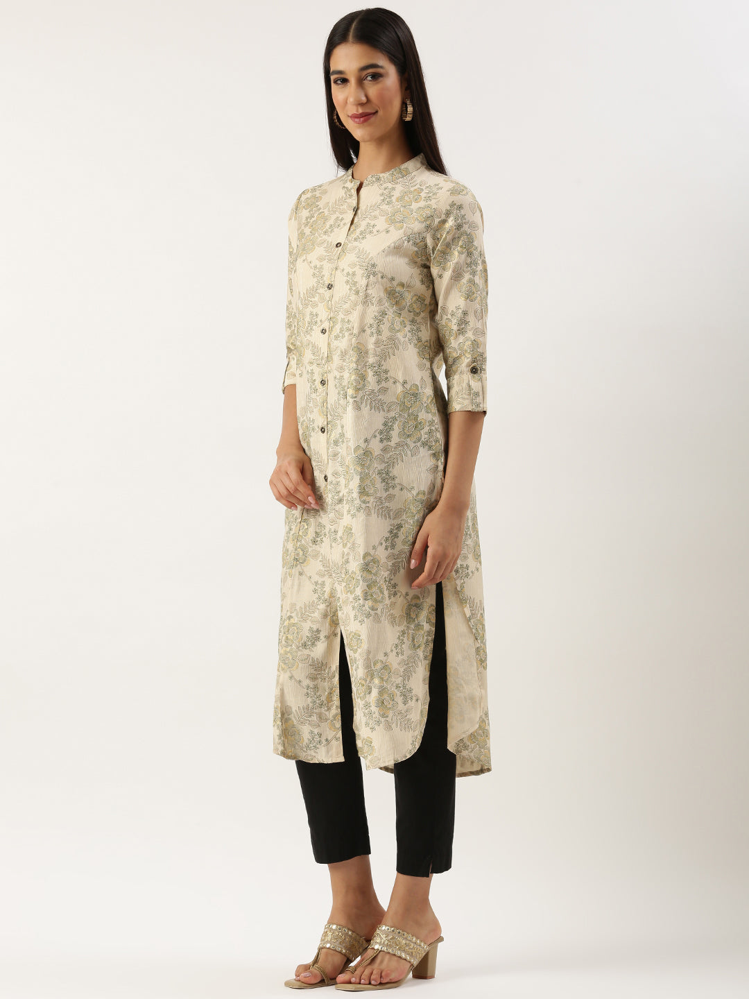 Beige & Green Floral Printed Kurta