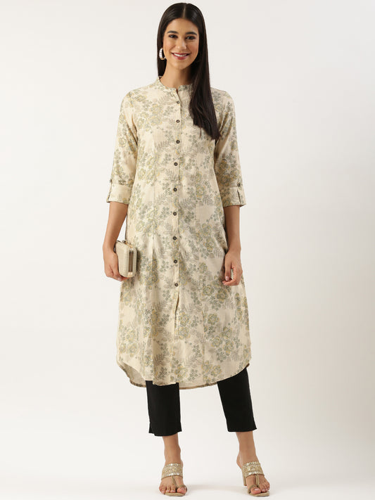 Beige & Green Floral Printed Kurta, Princess Cur Kurta, A-Line Kurta, Floral Print, Mandarin Collar kurta, printed kurta
