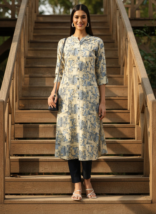 Beige & Blue Ethnic Motifs Printed Kurta, Princess Cur Kurta, A-Line Kurta, Floral Print, Mandarin Collar kurta, printed kurta
