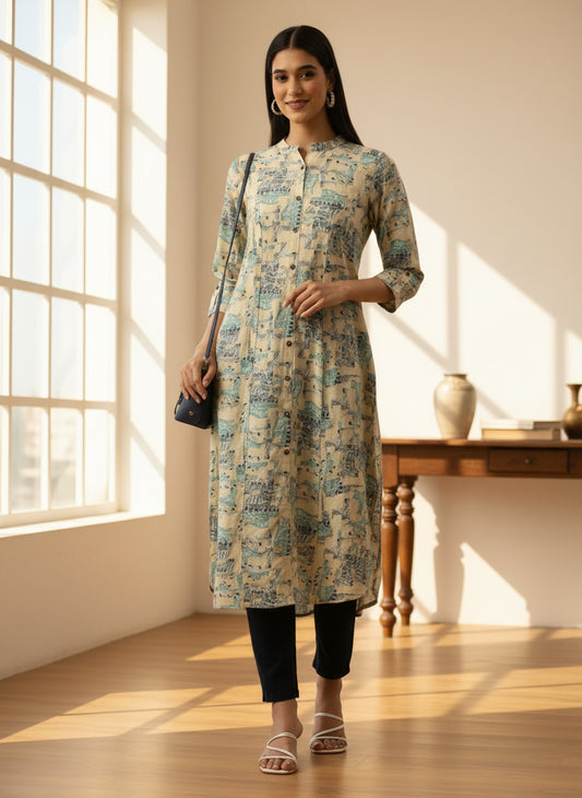 Beige & Green Ethnic Motifs Printed Kurta, Princess Cur Kurta, A-Line Kurta, Floral Print, Mandarin Collar kurta, printed kurta
