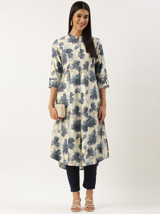 Beige & Blue Floral Printed Kurta, Princess Cur Kurta, A-Line Kurta, Floral Print, Mandarin Collar kurta, printed kurta

