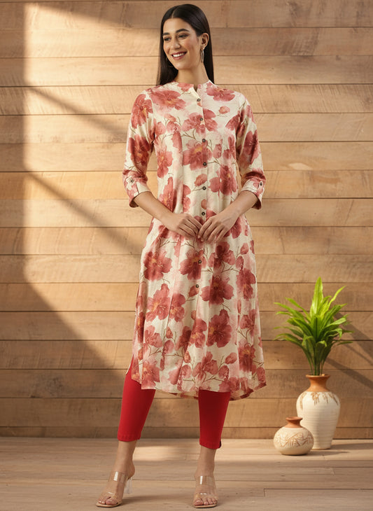 Beige & Red Floral Printed Kurta