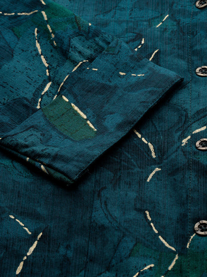Green Leaf Printed V-Neck Kurta