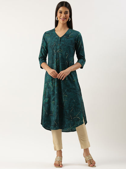 Green Leaf Printed V-Neck Kurta