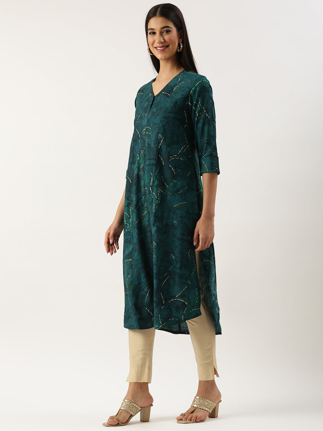 Green Leaf Printed V-Neck Kurta